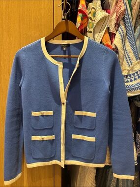 Talbots Blue knit sweater with Cream Trim and Four Pockets